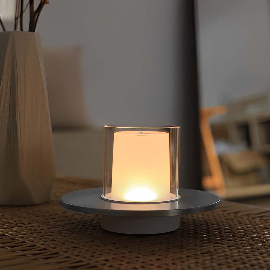 Modern Cylinder Rechargeable LED Candle Table Lamp with Dish Base and Touch Dimmer