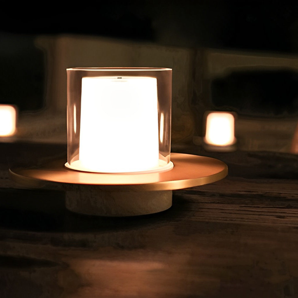 Modern Cylinder Rechargeable LED Candle Table Lamp with Dish Base and Touch Dimmer