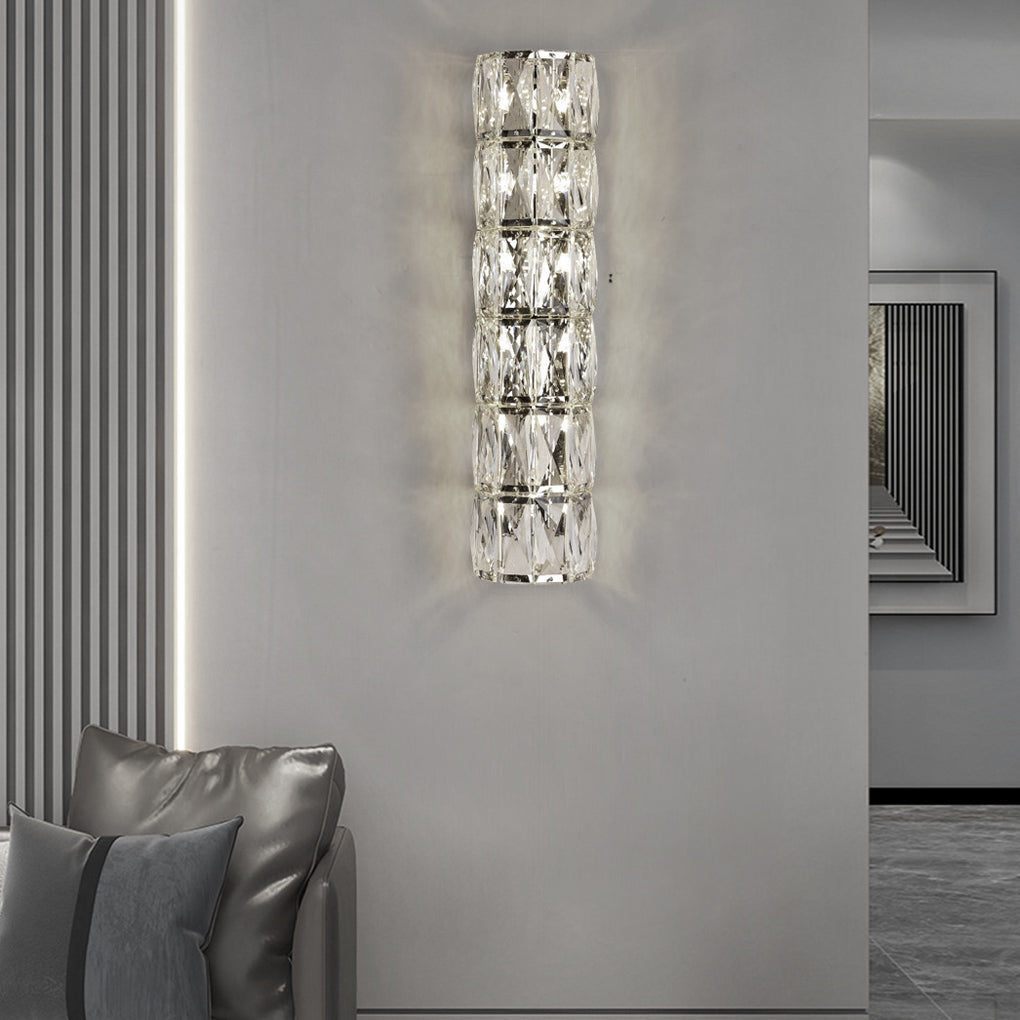 Modern Cylindrical Crystal LED Wall Sconce with 3 Color Dimming Modes for Living Room and Bedroom