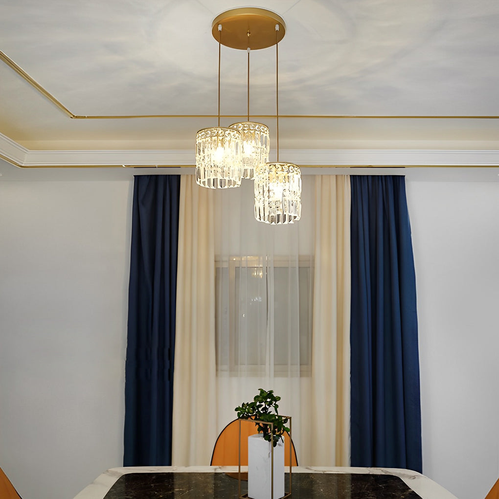 Modern Cylindrical Crystal Pendant Light Three Step Dimming Nordic Hanging Chandelier for Dining Room