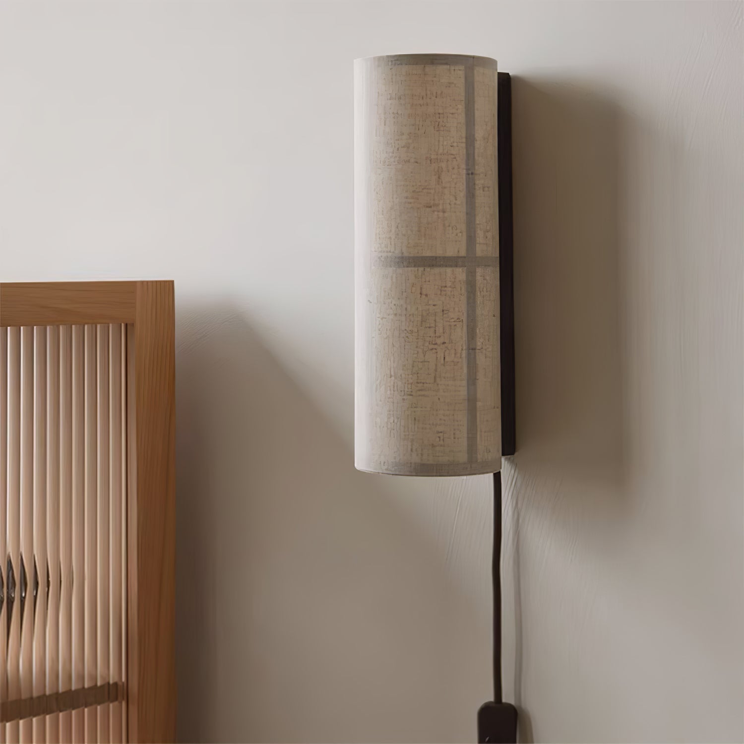 Modern Cylindrical Fabric Wall Sconce Interior Light with Metal Base and Linen Shade