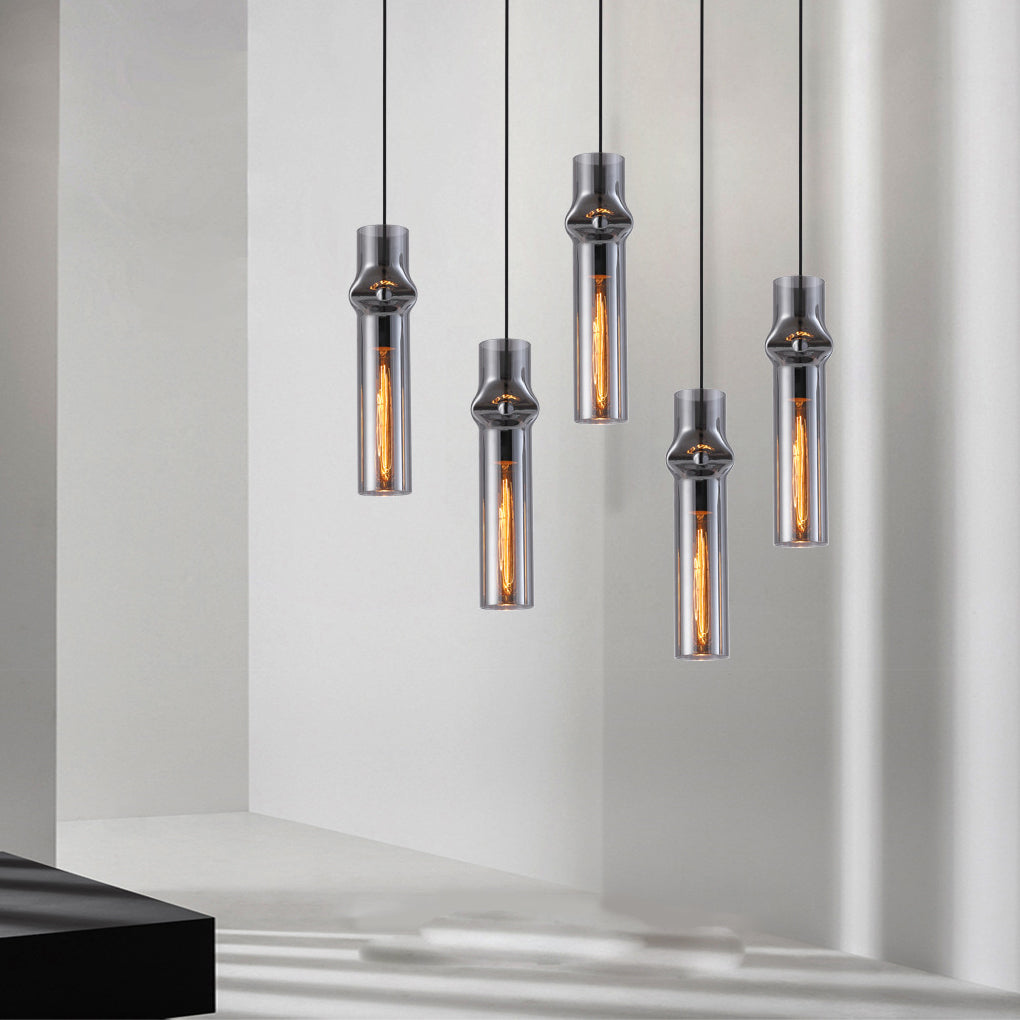 Modern Cylindrical Glass Pendant Light for Dining Room Kitchen and Bedroom Smoke Gray Amber