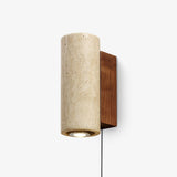 Modern Cylindrical Travertine Stone and Walnut Wood Plug In Wall Sconce LED Light