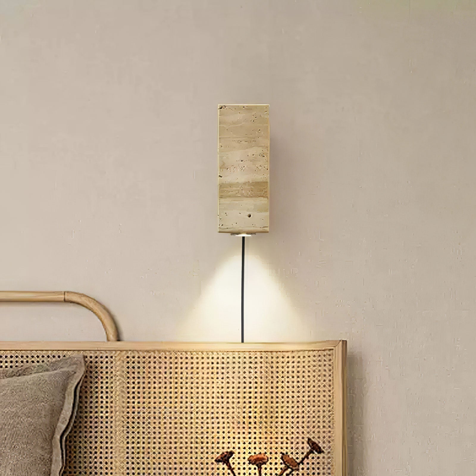 Modern Cylindrical Travertine Stone and Walnut Wood Plug In Wall Sconce LED Light