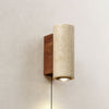 Modern Cylindrical Travertine Stone and Walnut Wood Plug In Wall Sconce LED Light