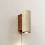 Modern Cylindrical Travertine Stone and Walnut Wood Plug In Wall Sconce LED Light
