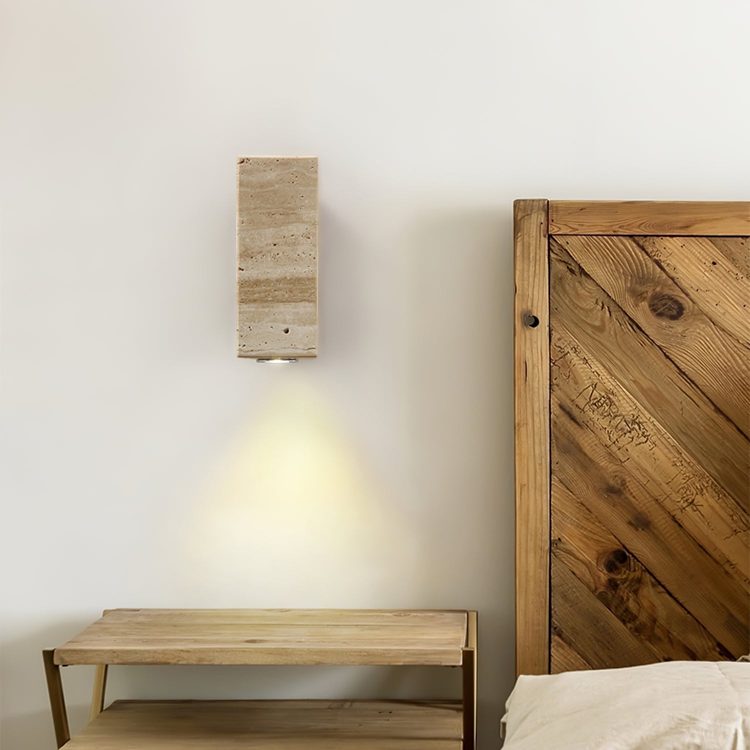 Modern Cylindrical Travertine Stone and Walnut Wood Plug In Wall Sconce LED Light