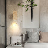 Modern Cylindrical Travertine Stone and Walnut Wood Plug In Wall Sconce LED Light
