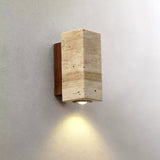 Modern Cylindrical Travertine Stone and Walnut Wood Plug In Wall Sconce LED Light