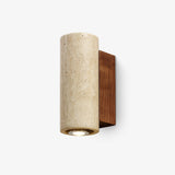Modern Cylindrical Travertine Stone and Walnut Wood Plug In Wall Sconce LED Light