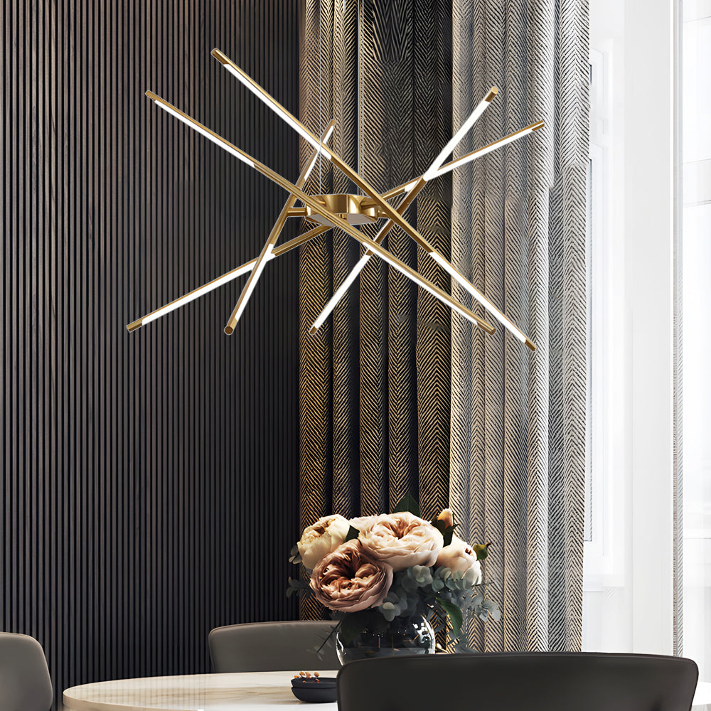 Modern Dimmable Long Strip Sputnik LED Chandelier for Living Room in Gold and Black