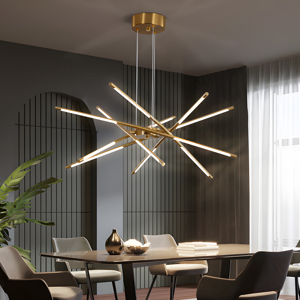 Modern Dimmable Long Strip Sputnik LED Chandelier for Living Room in Gold and Black
