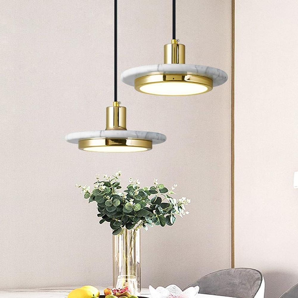Modern Double Circle Marble LED Pendant Light Metal Hanging Lamp for Kitchen Island and Dining Room