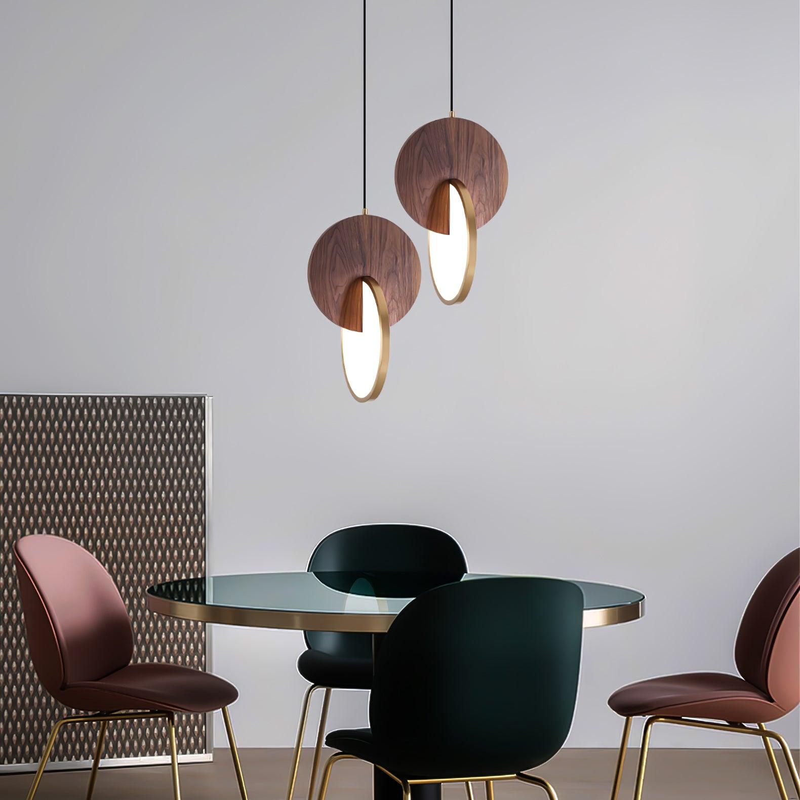 Modern Double Disk Wood and Metal LED Pendant Light for Kitchen Island and Dining Room