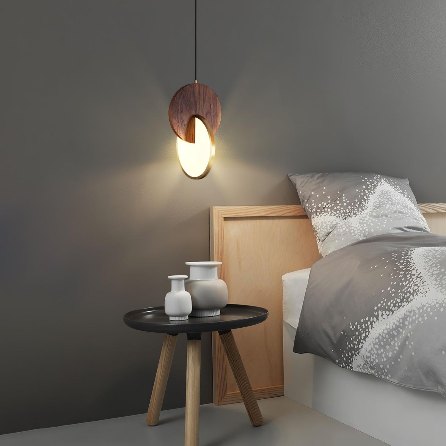 Modern Double Disk Wood and Metal LED Pendant Light for Kitchen Island and Dining Room