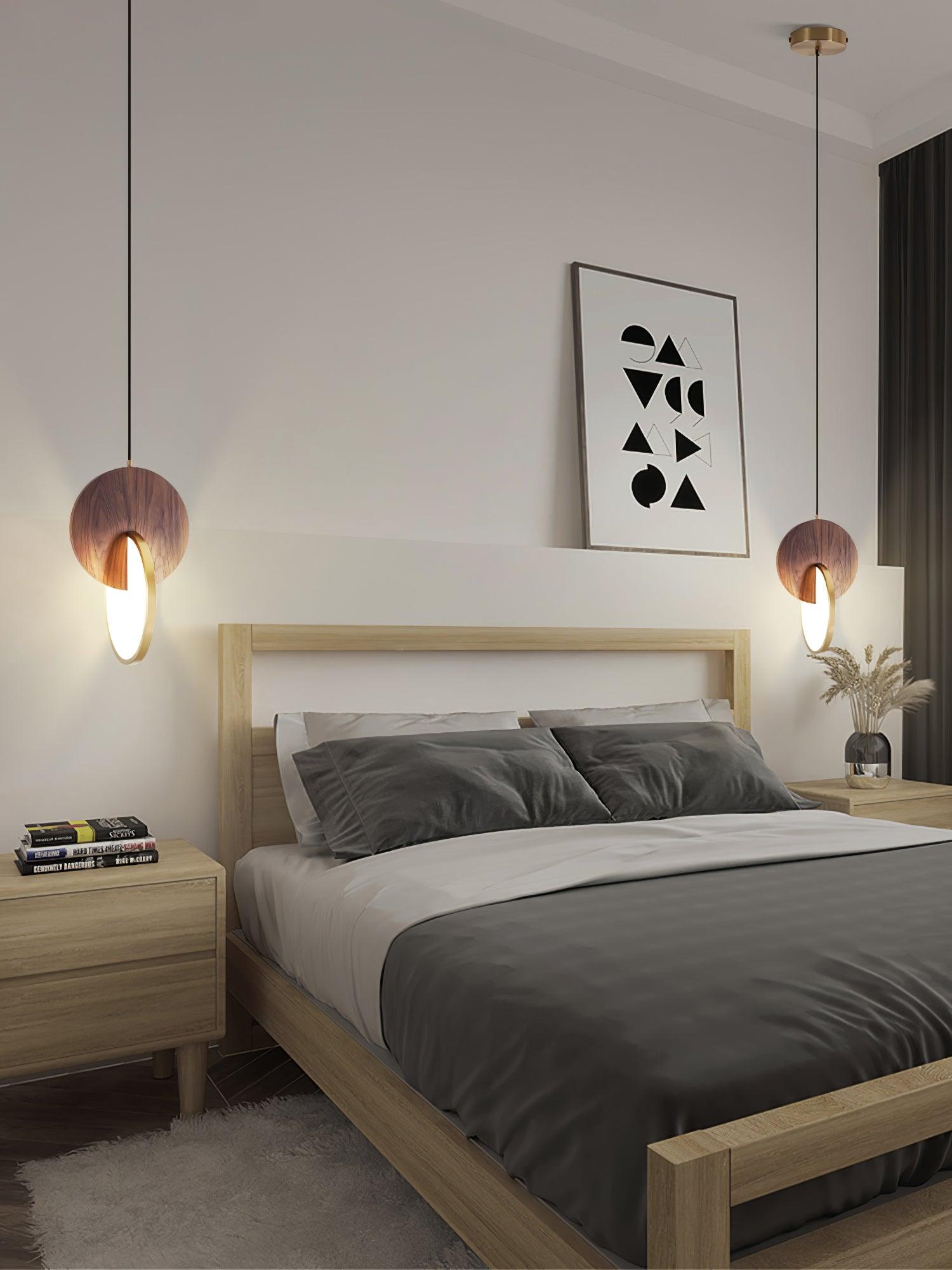 Modern Double Disk Wood and Metal LED Pendant Light for Kitchen Island and Dining Room
