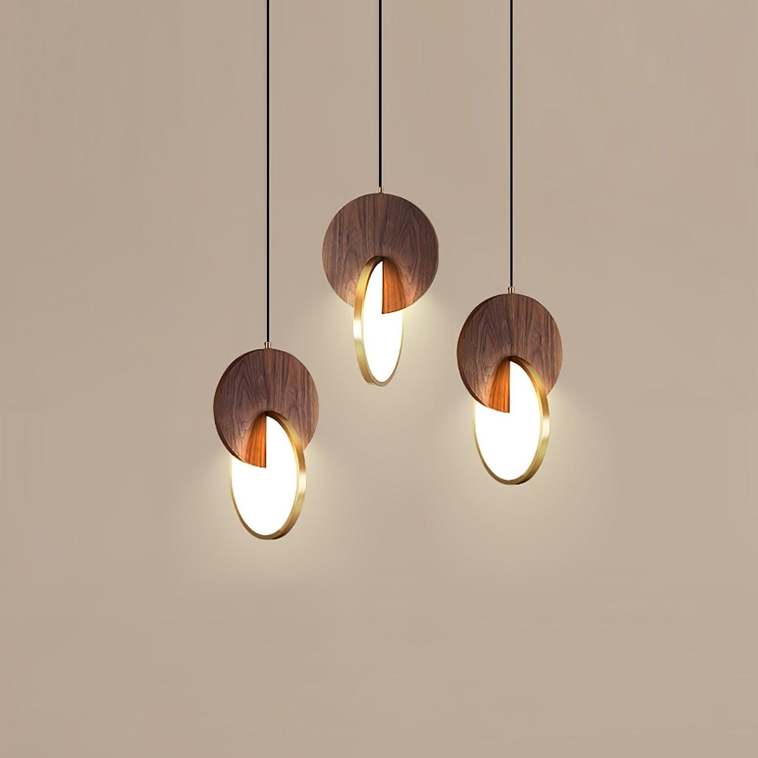 Modern Double Disk Wood and Metal LED Pendant Light for Kitchen Island and Dining Room