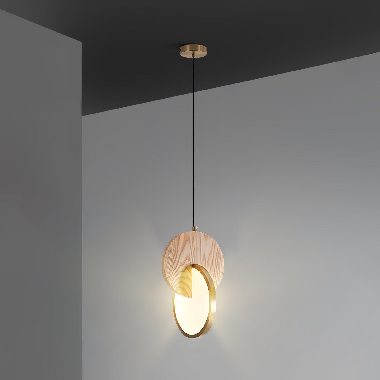 Modern Double Disk Wood and Metal LED Pendant Light for Kitchen Island and Dining Room