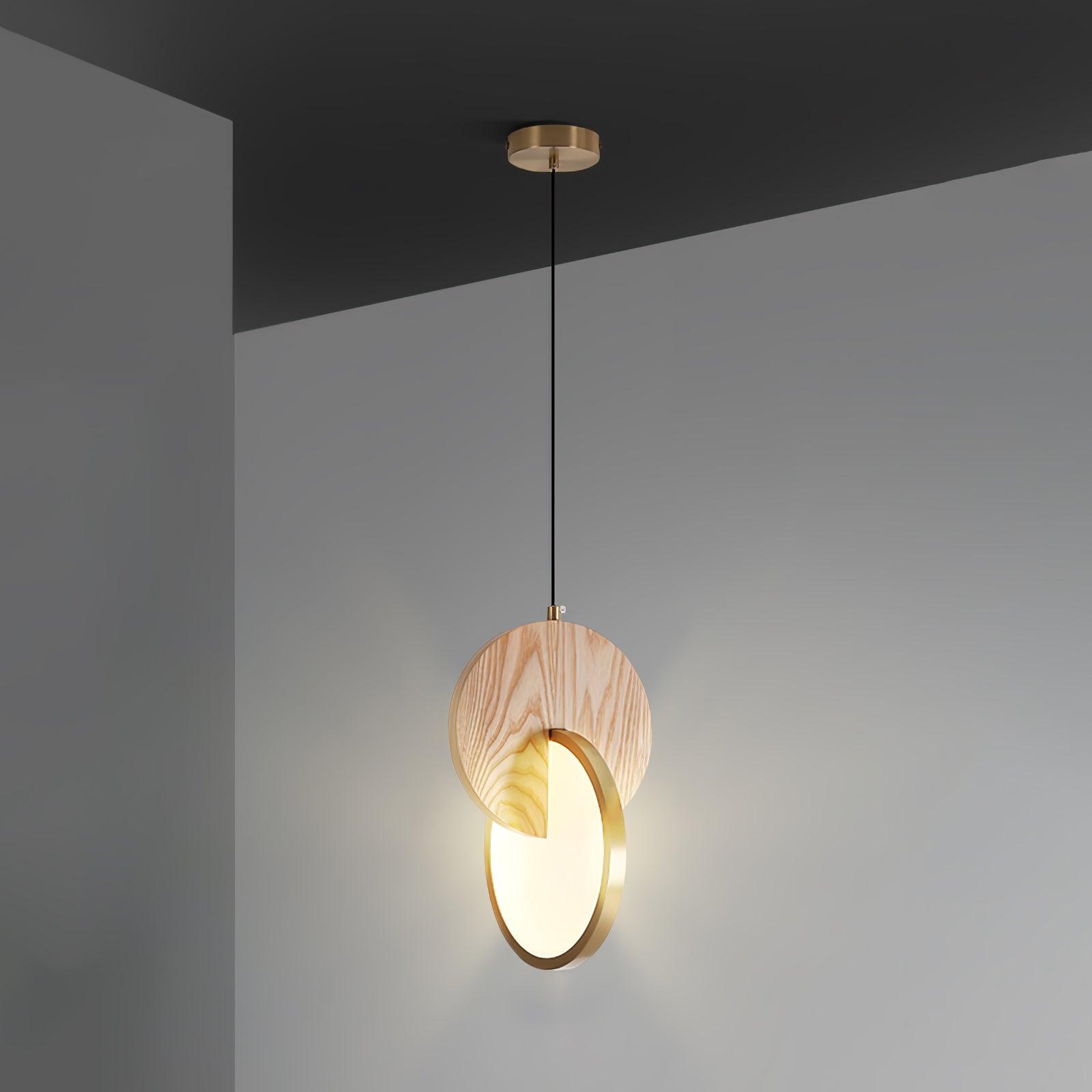 Modern Double Disk Wood and Metal LED Pendant Light for Kitchen Island and Dining Room