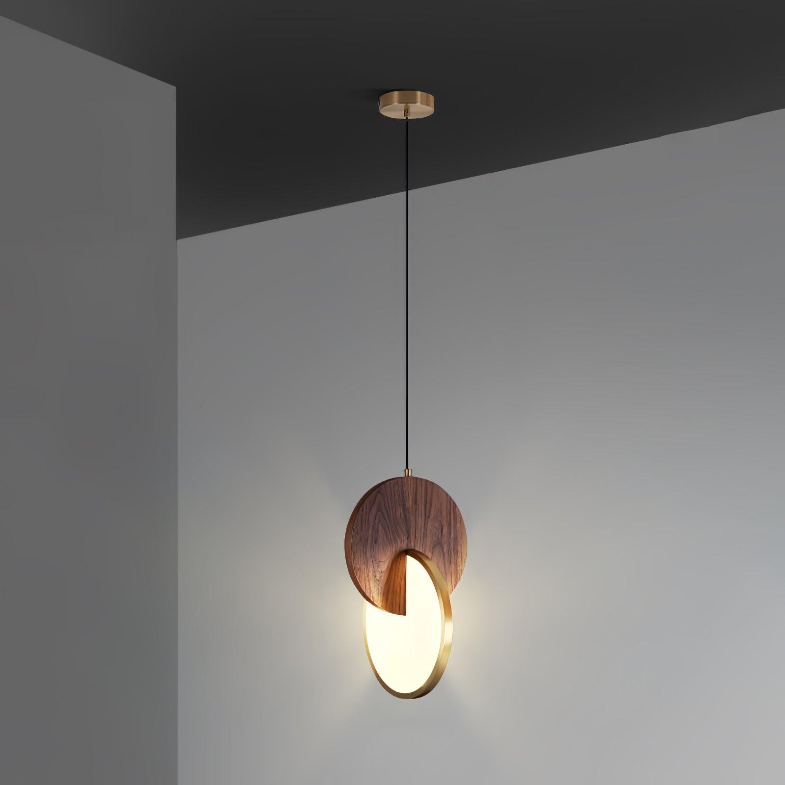 Modern Double Disk Wood and Metal LED Pendant Light for Kitchen Island and Dining Room