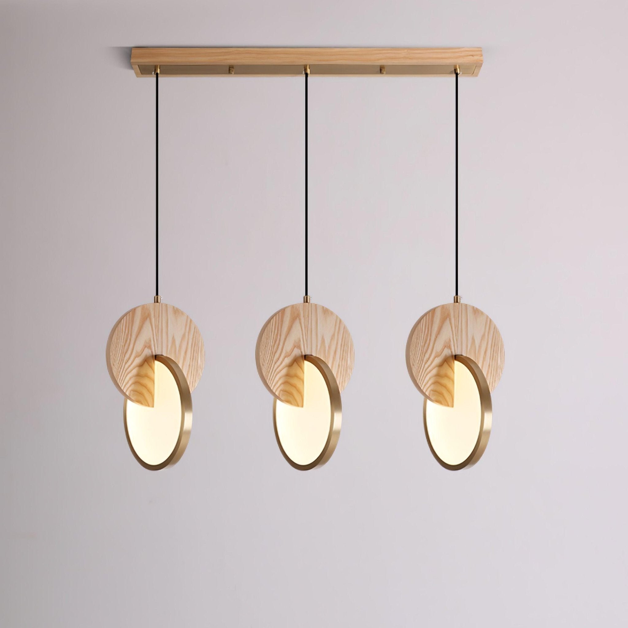 Modern Double Disk Wood and Metal LED Pendant Light for Kitchen Island and Dining Room