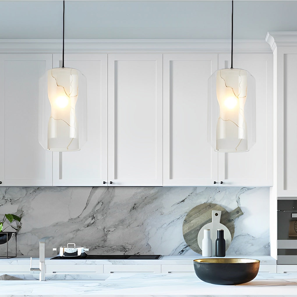 Modern Double Layered Glass Pendant Lighting with Faux Marble Interior and Adjustable Cord