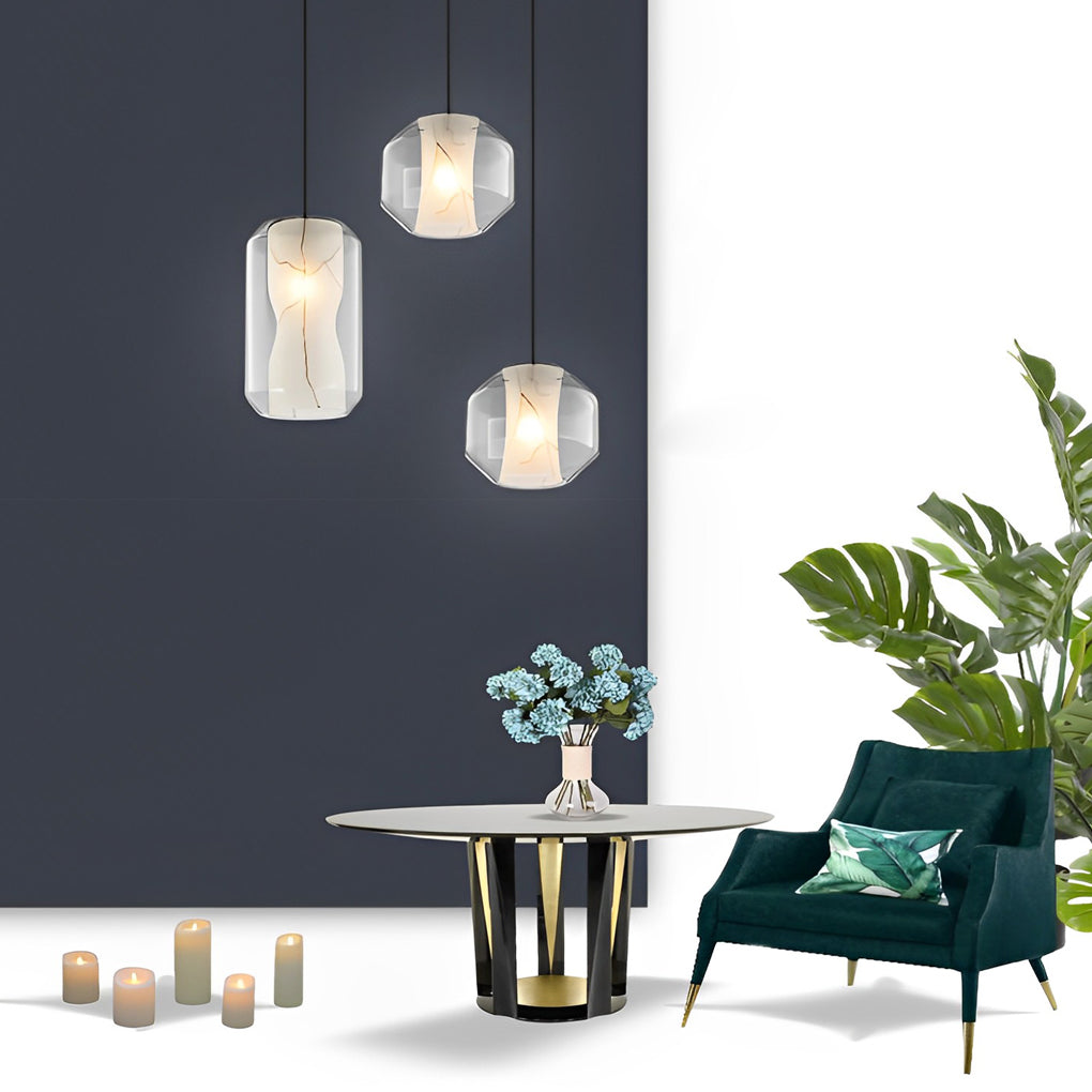 Modern Double Layered Glass Pendant Lighting with Faux Marble Interior and Adjustable Cord