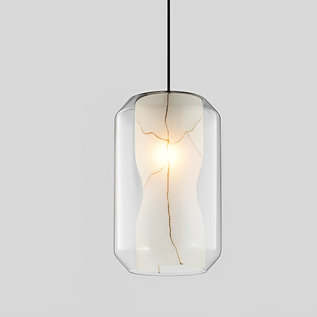 Modern Double Layered Glass Pendant Lighting with Faux Marble Interior and Adjustable Cord