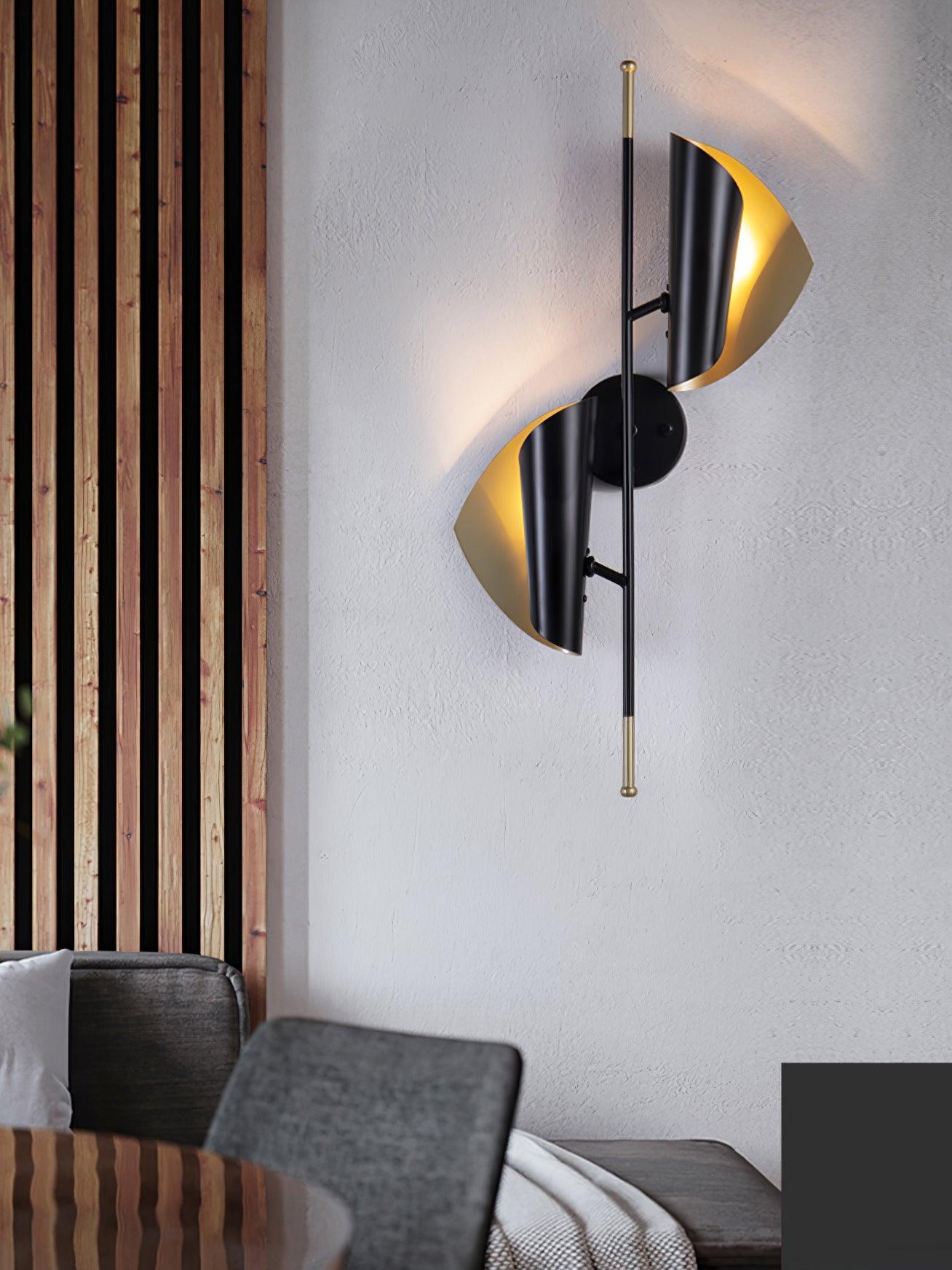 Modern Double Shade Metal Wall Sconce with Adjustable Rotation in Black and Gold