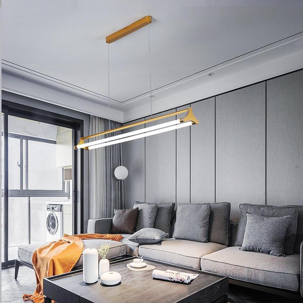 Modern Double Strip LED Pendant Light Gold Metal Linear Chandelier for Kitchen Island and Dining Room