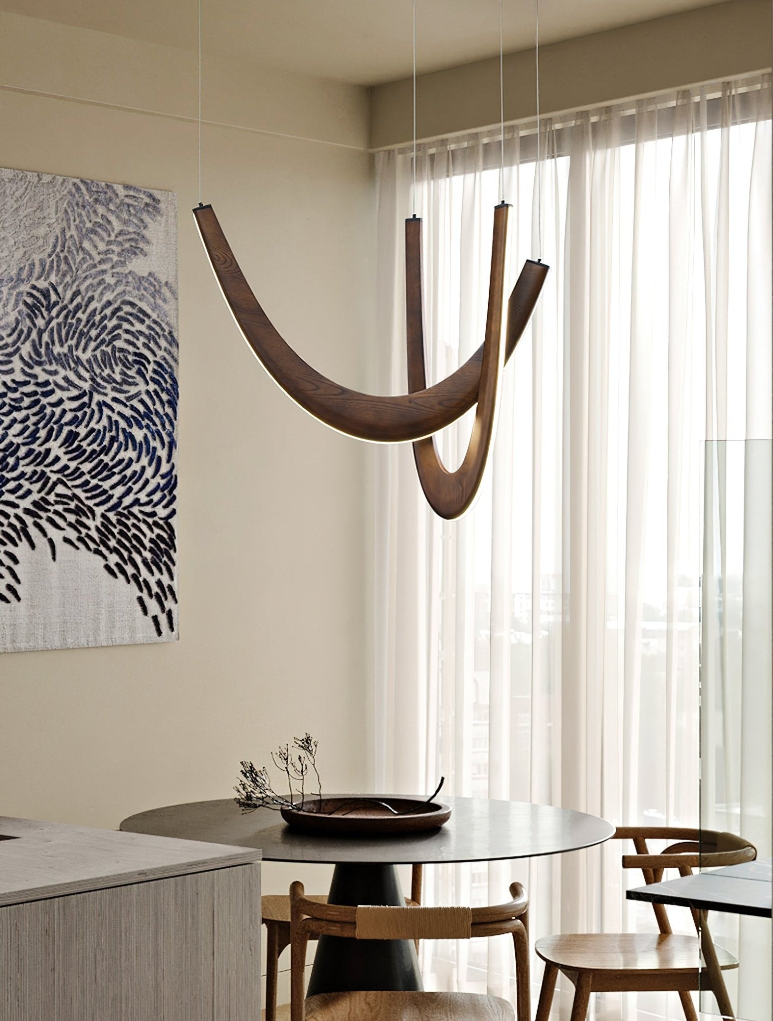 Modern Double U Shaped Wood LED Pendant Light for Dining Room and Office