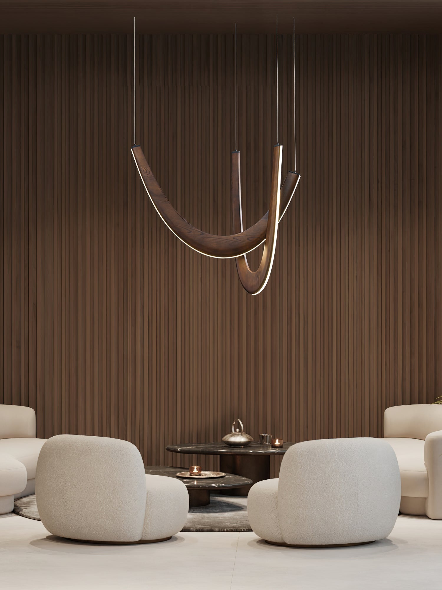 Modern Double U Shaped Wood LED Pendant Light for Dining Room and Office