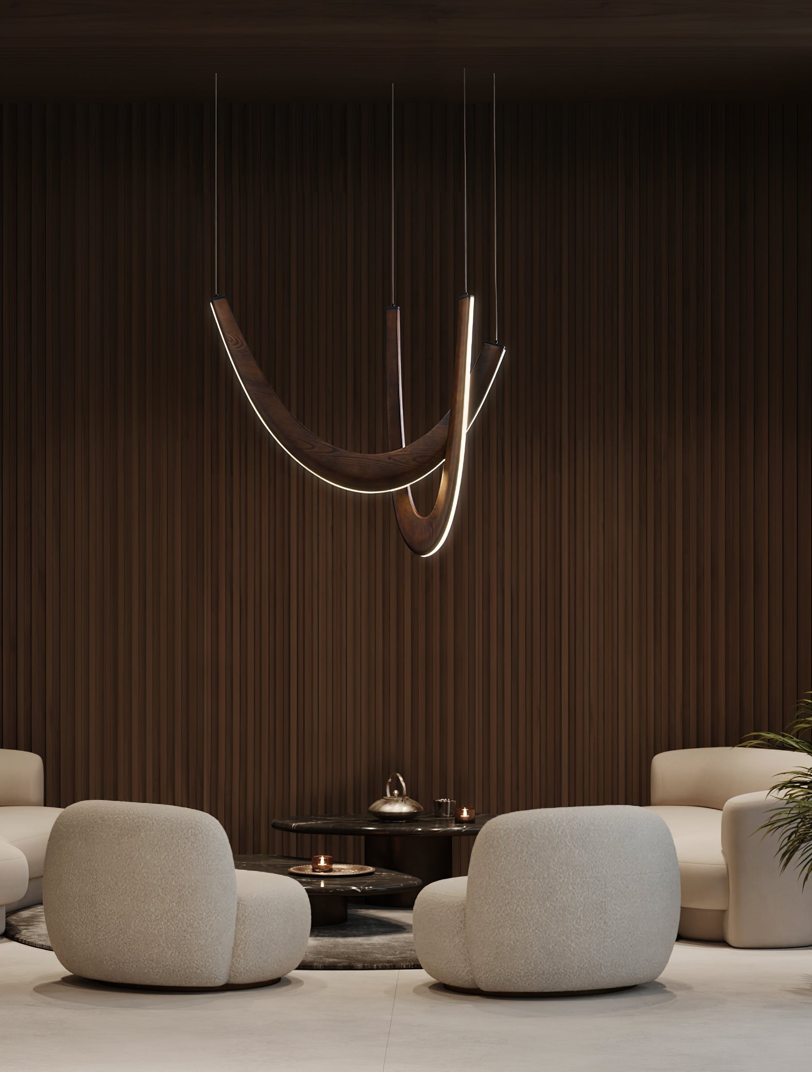 Modern Double U Shaped Wood LED Pendant Light for Dining Room and Office