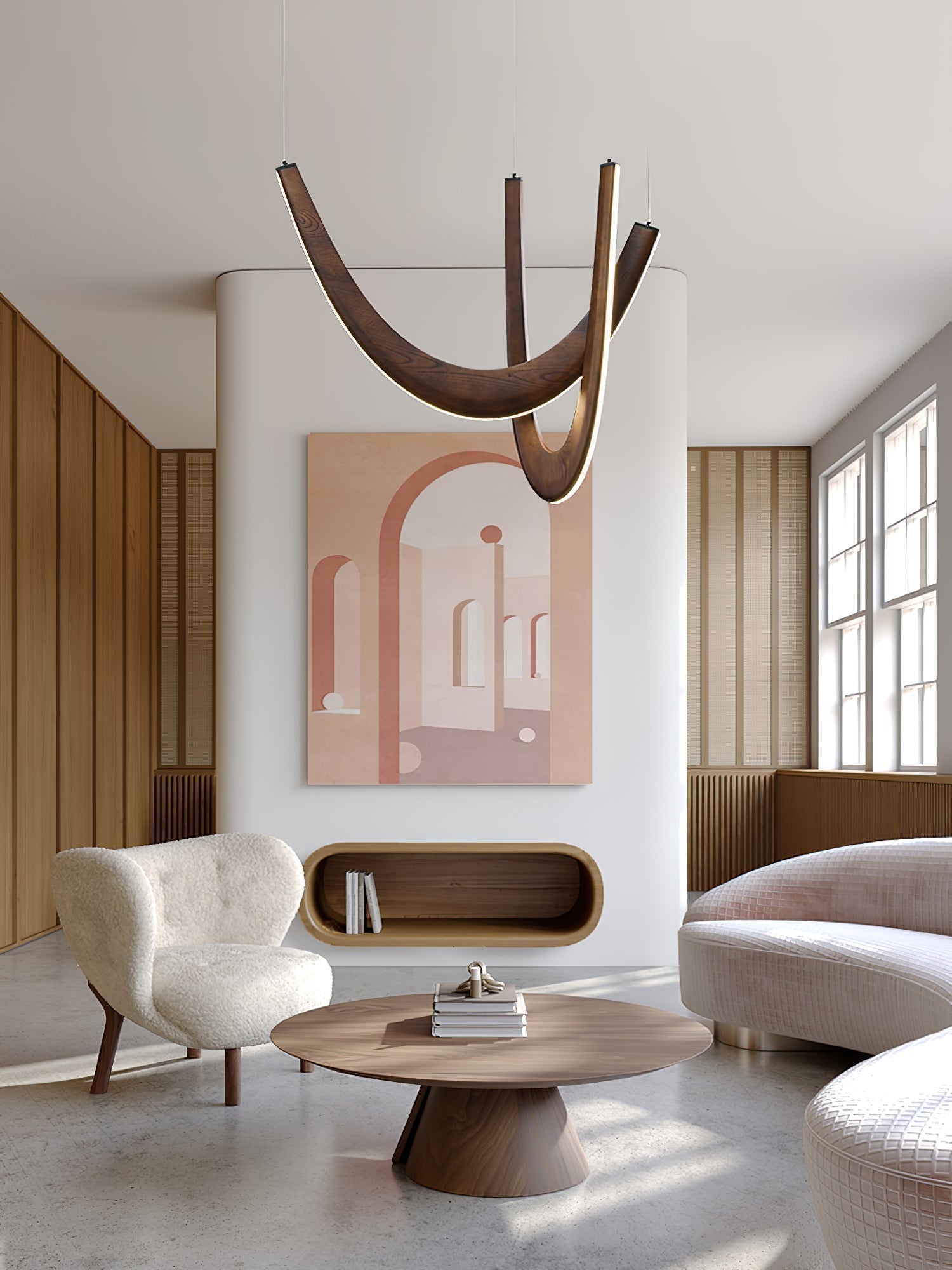 Modern Double U Shaped Wood LED Pendant Light for Dining Room and Office