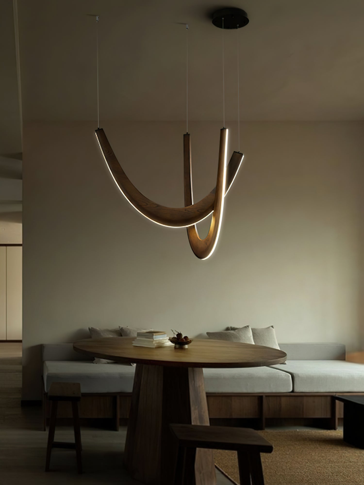 Modern Double U Shaped Wood LED Pendant Light for Dining Room and Office