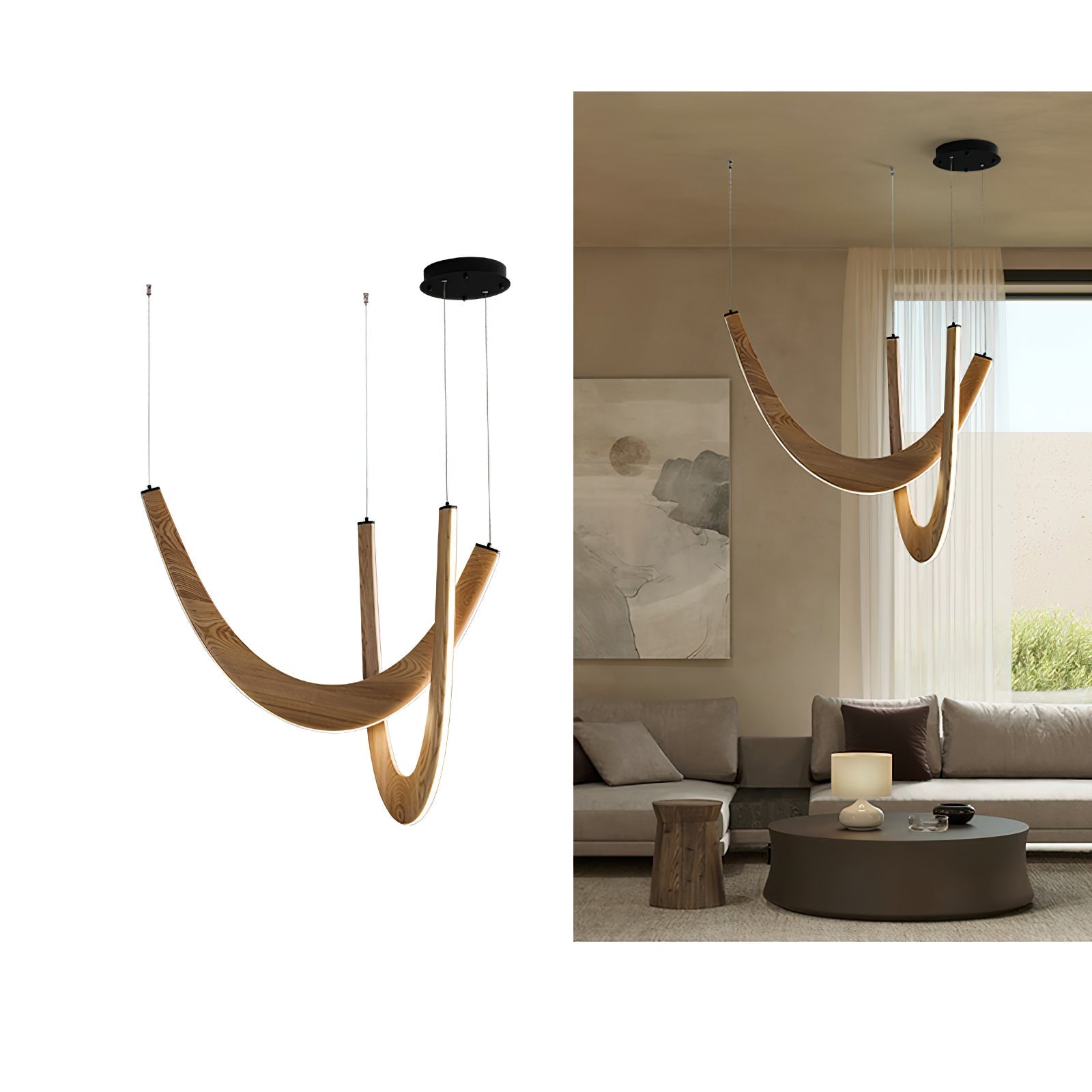 Modern Double U Shaped Wood LED Pendant Light for Dining Room and Office