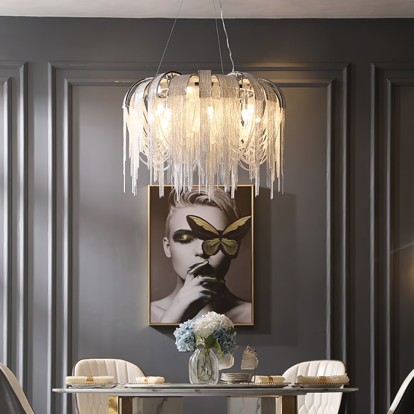 Modern Draped Metal Chain Chandelier LED Gasolier Lighting in Rose Gold and Chrome