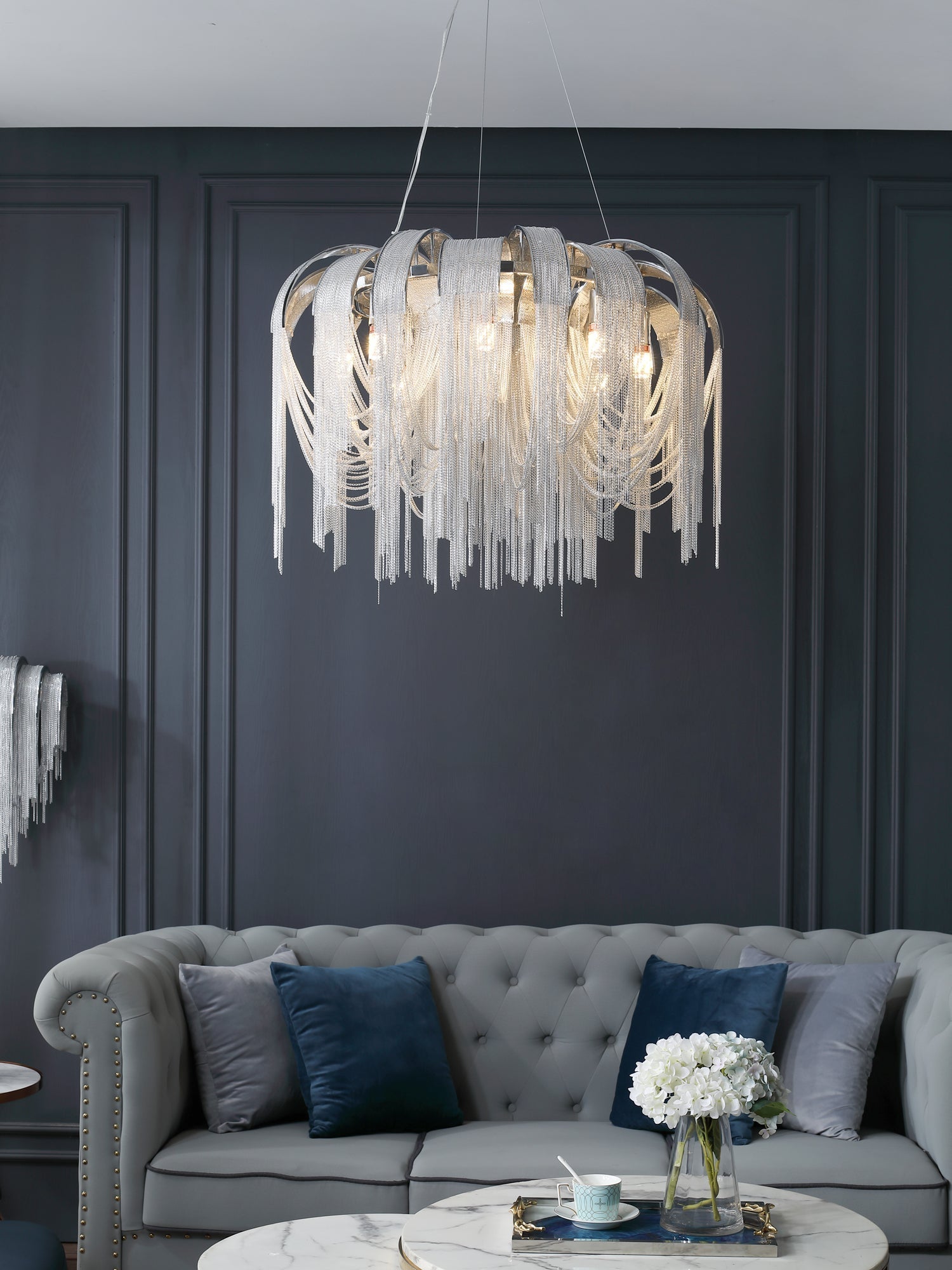 Modern Draped Metal Chain Chandelier LED Gasolier Lighting in Rose Gold and Chrome