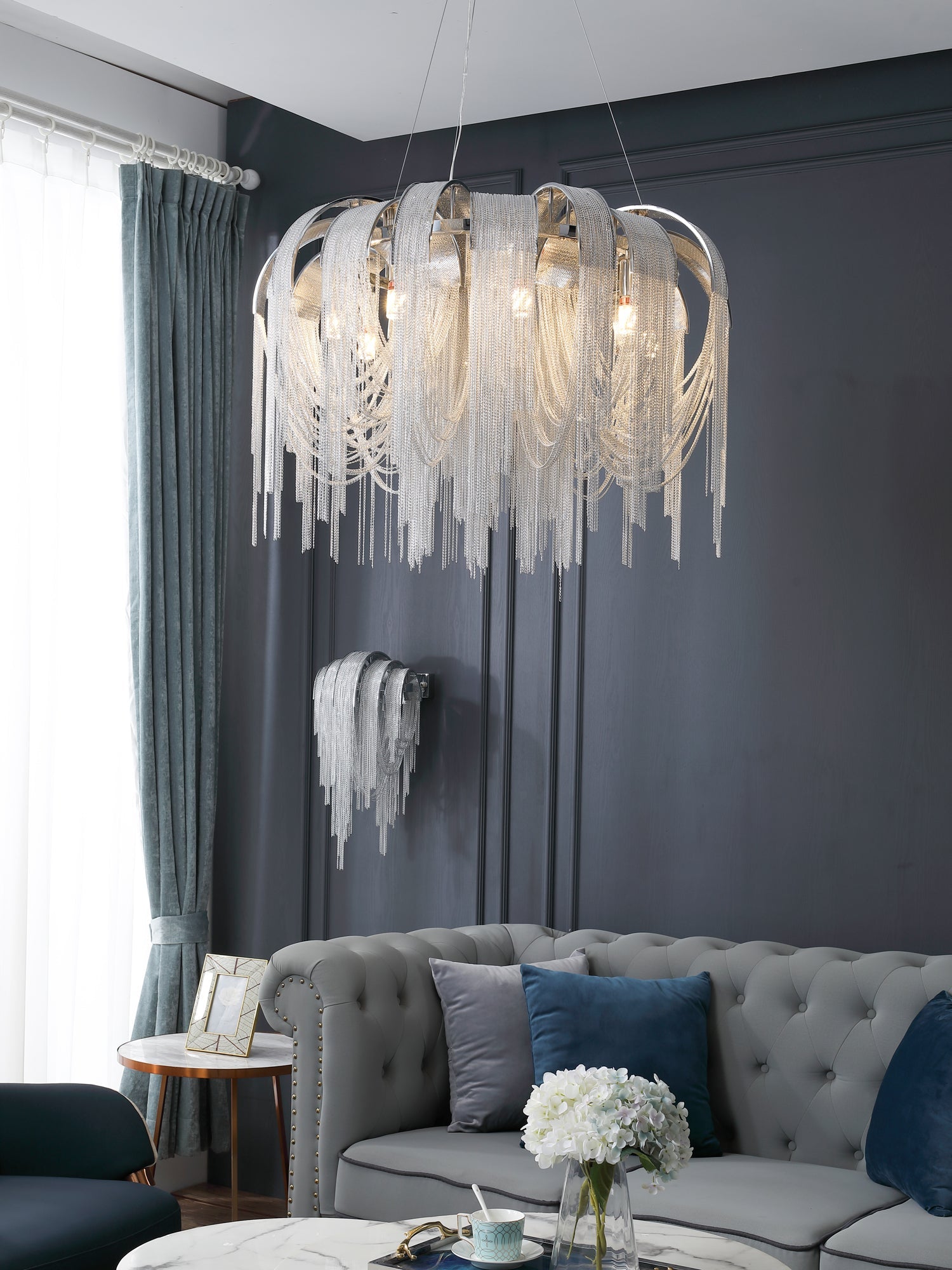 Modern Draped Metal Chain Chandelier LED Gasolier Lighting in Rose Gold and Chrome