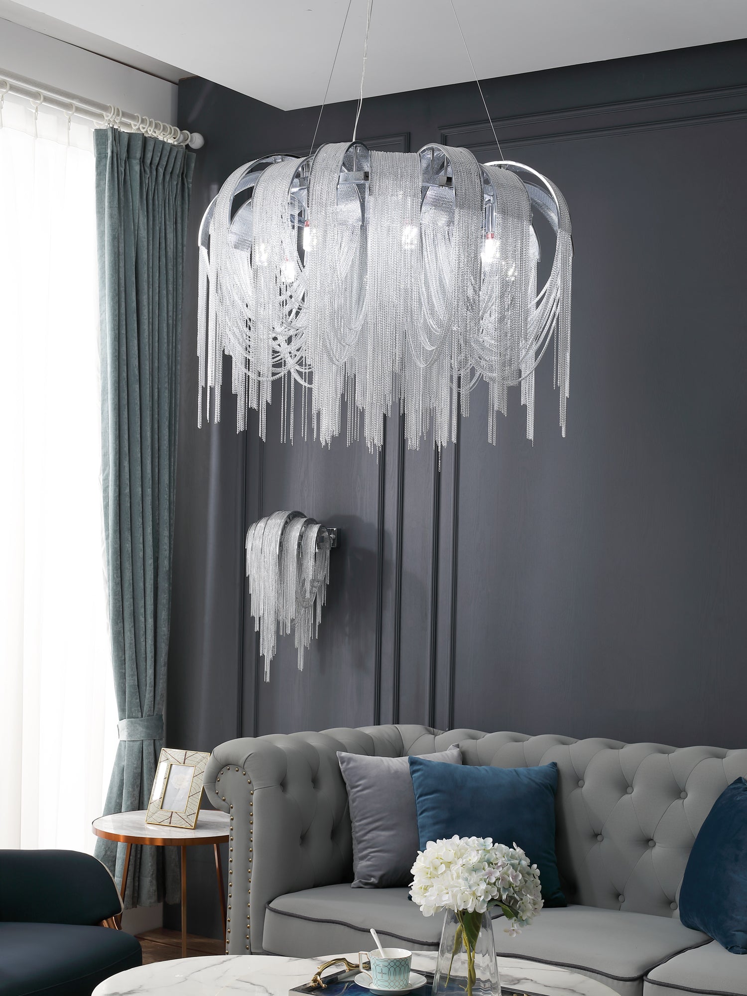 Modern Draped Metal Chain Chandelier LED Gasolier Lighting in Rose Gold and Chrome