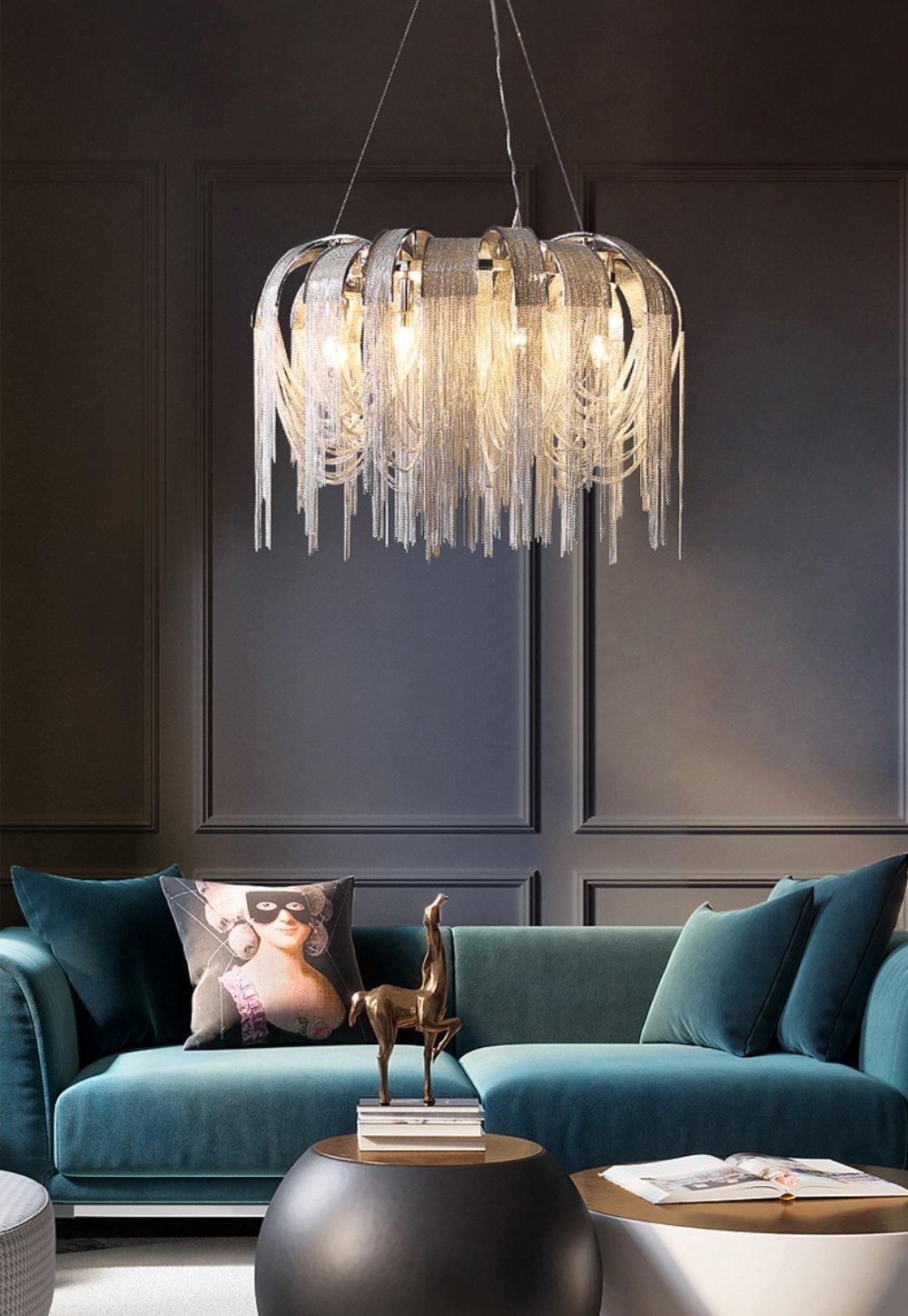 Modern Draped Metal Chain Chandelier LED Gasolier Lighting in Rose Gold and Chrome