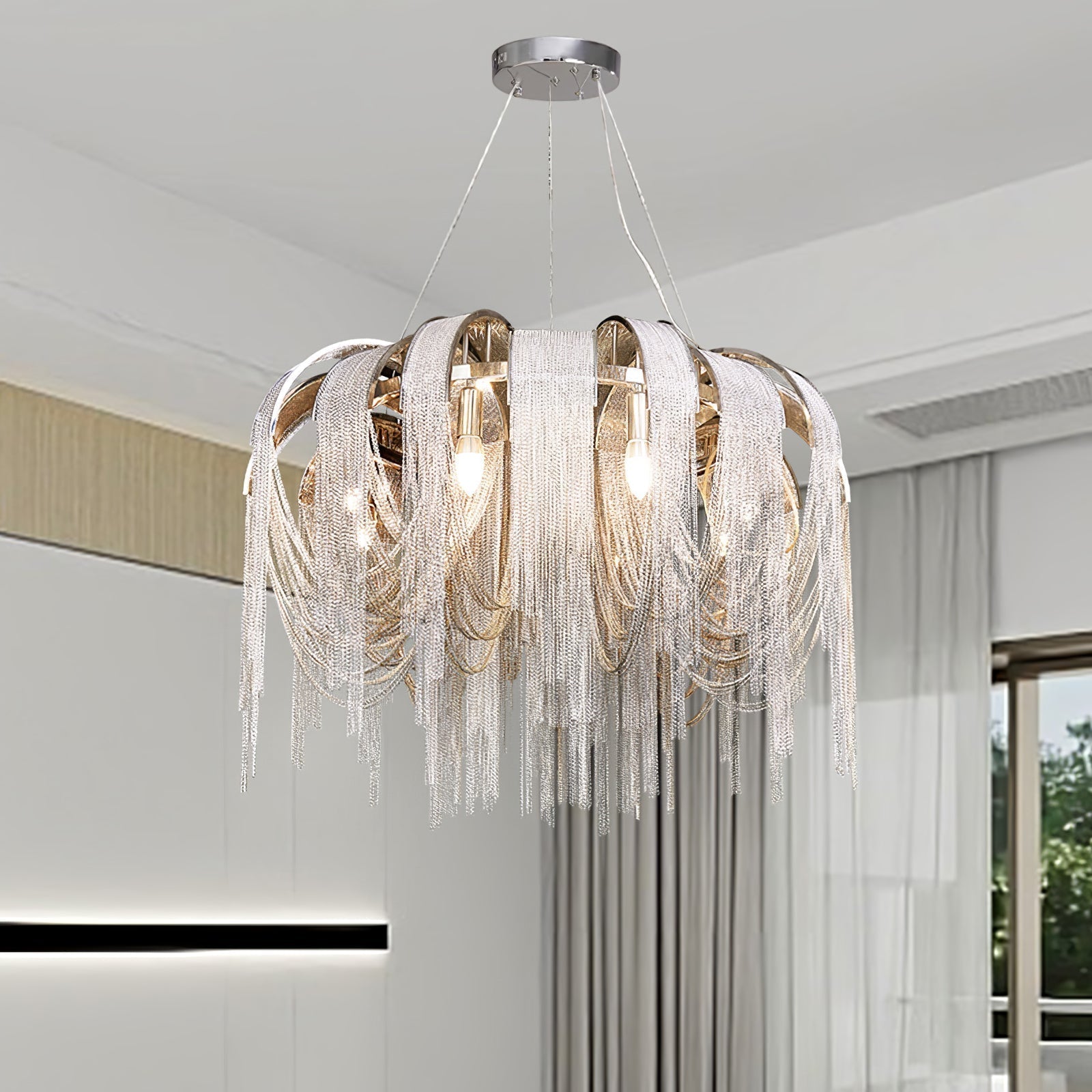 Modern Draped Metal Chain Chandelier LED Gasolier Lighting in Rose Gold and Chrome