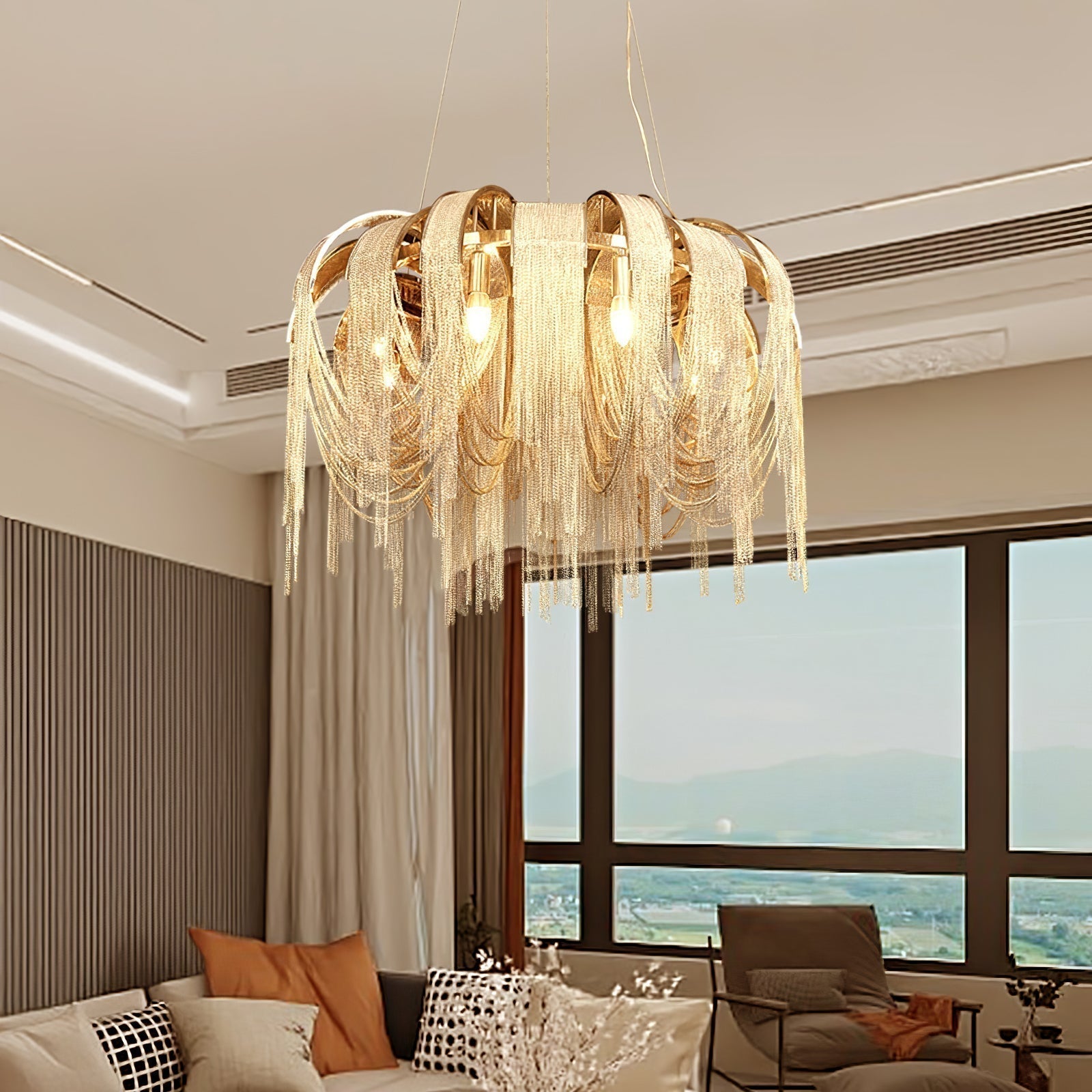 Modern Draped Metal Chain Chandelier LED Gasolier Lighting in Rose Gold and Chrome