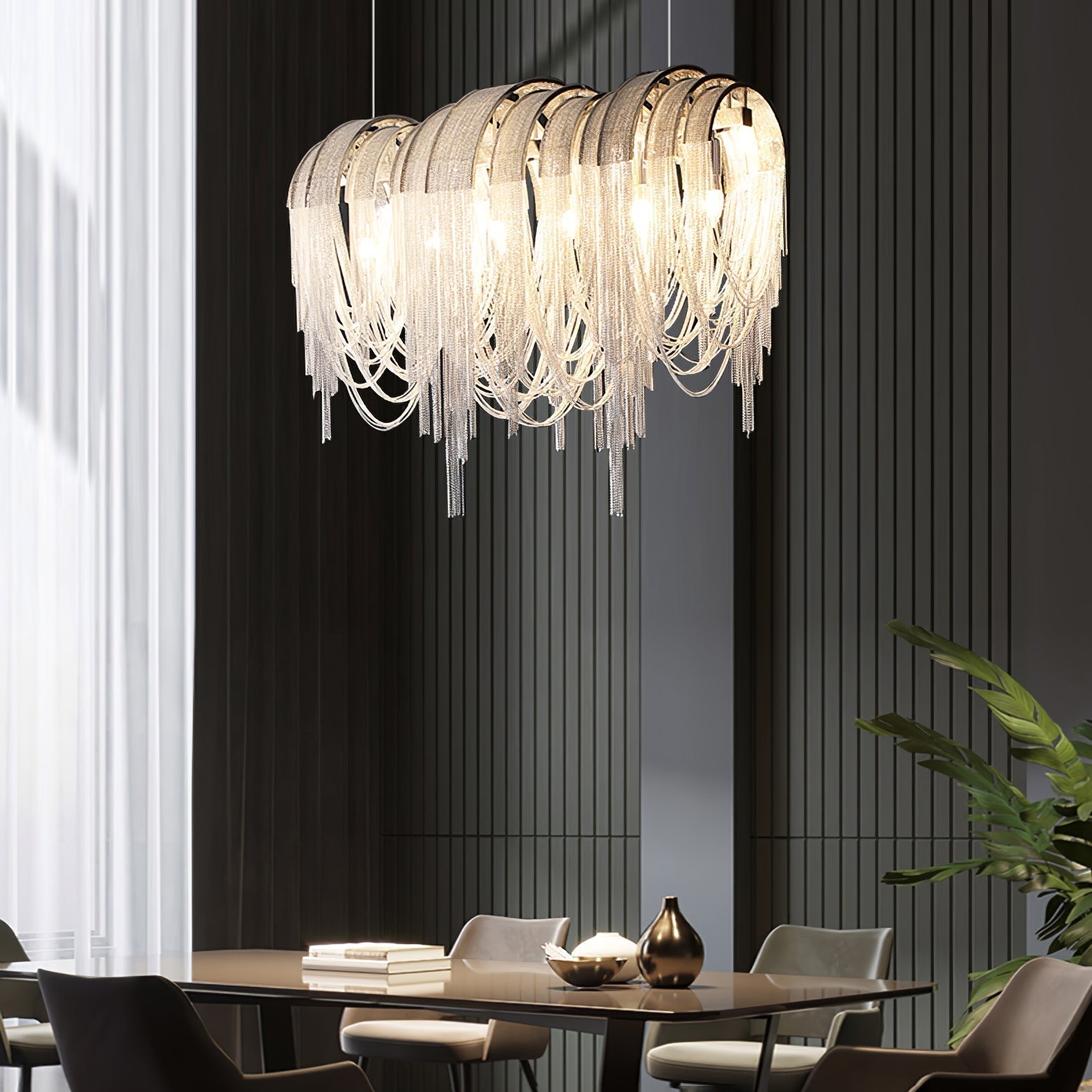 Modern Draped Metal Chain Chandelier LED Gasolier Lighting in Rose Gold and Chrome