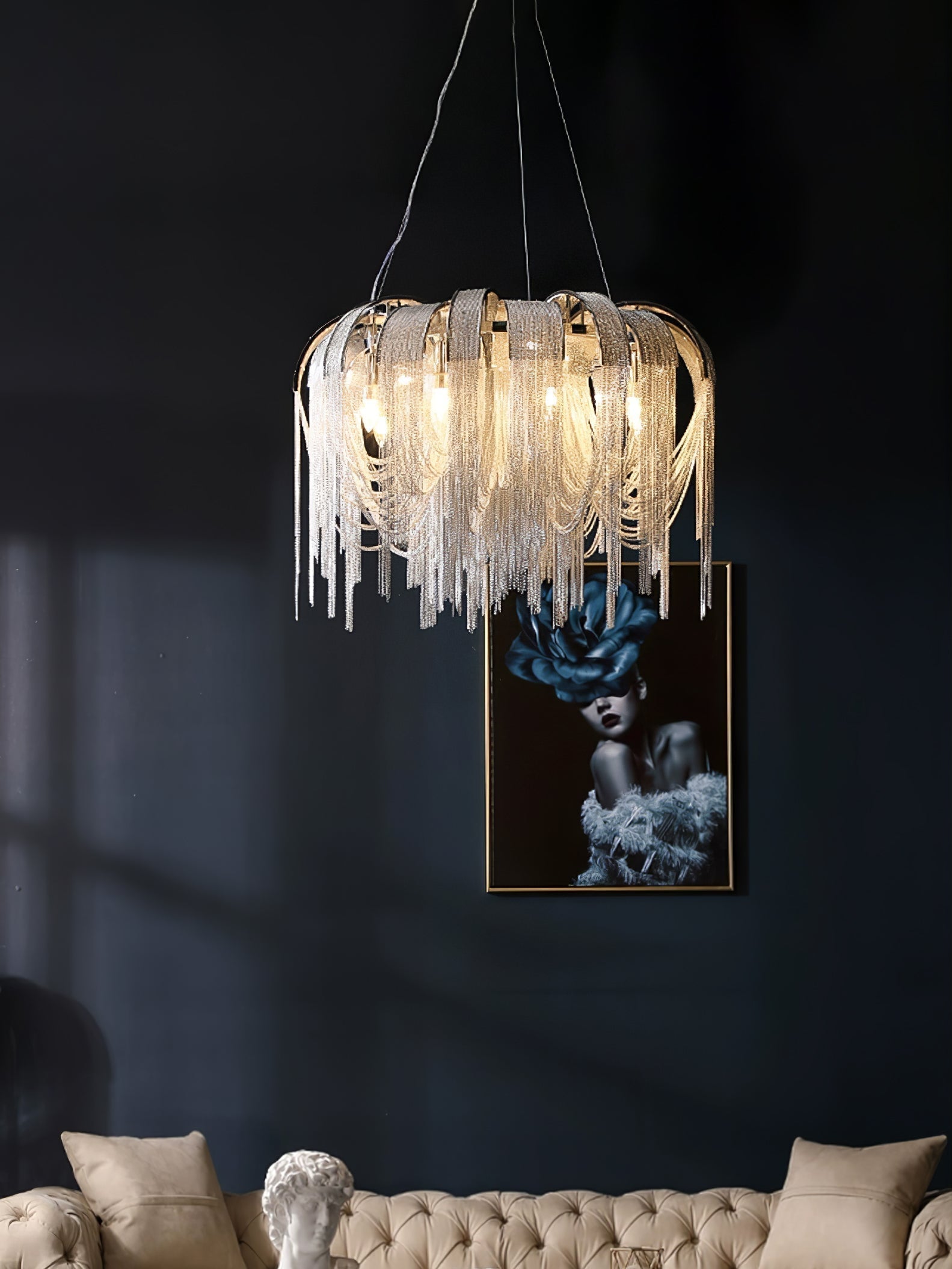 Modern Draped Metal Chain Chandelier LED Gasolier Lighting in Rose Gold and Chrome