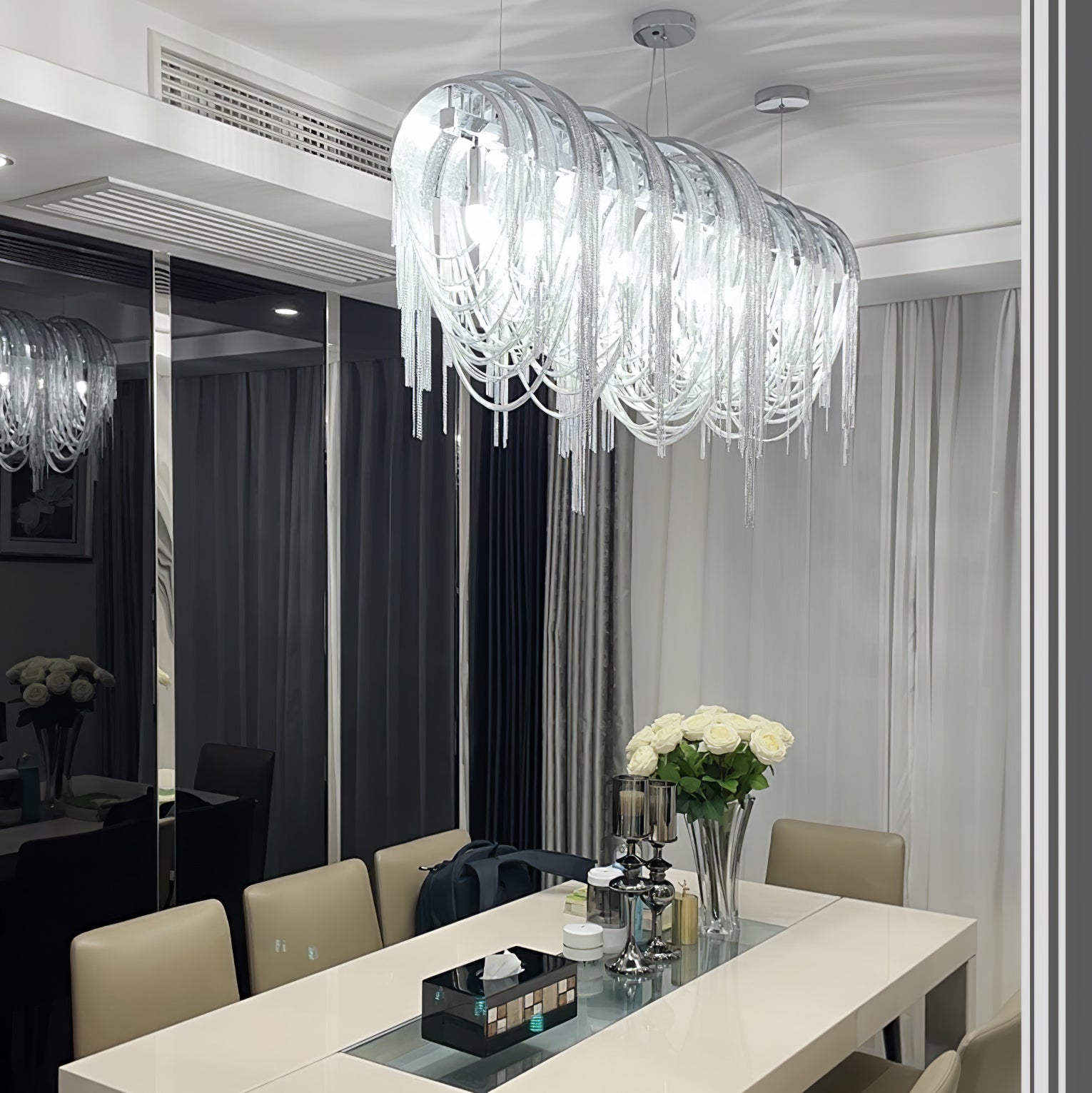 Modern Draped Metal Chain Chandelier LED Gasolier Lighting in Rose Gold and Chrome