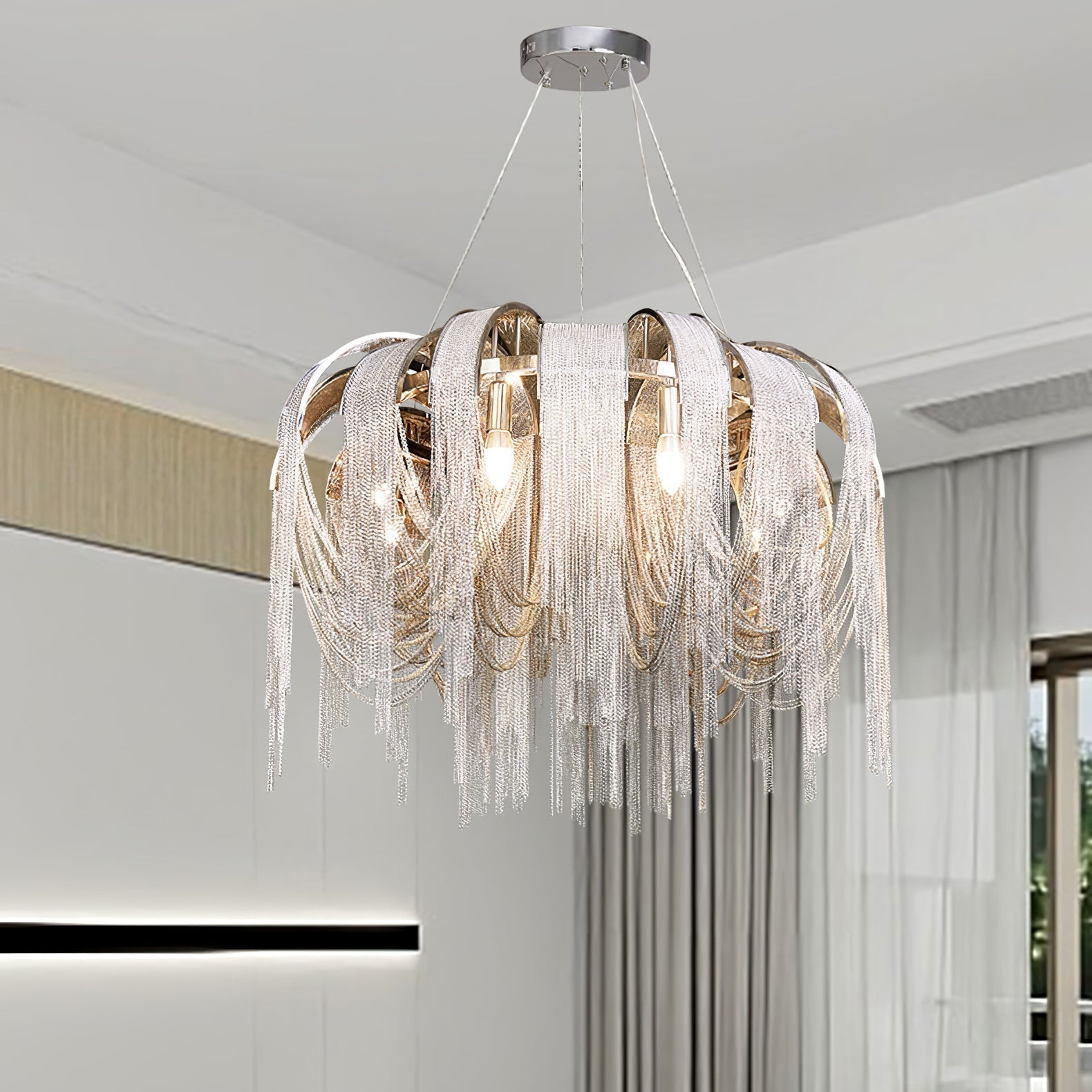 Modern Draped Metal Chain Chandelier LED Gasolier Lighting in Rose Gold and Chrome