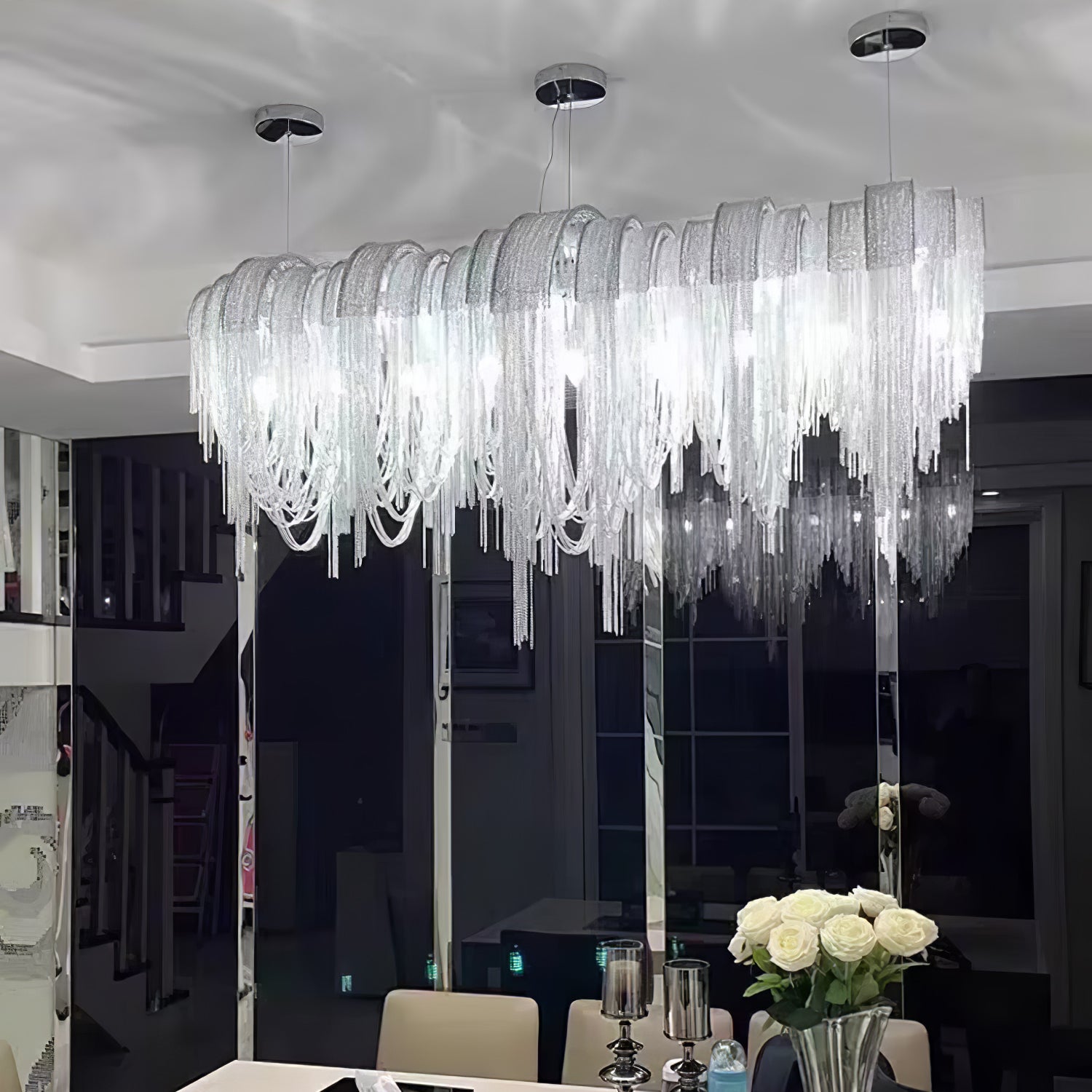 Modern Draped Metal Chain Chandelier LED Gasolier Lighting in Rose Gold and Chrome
