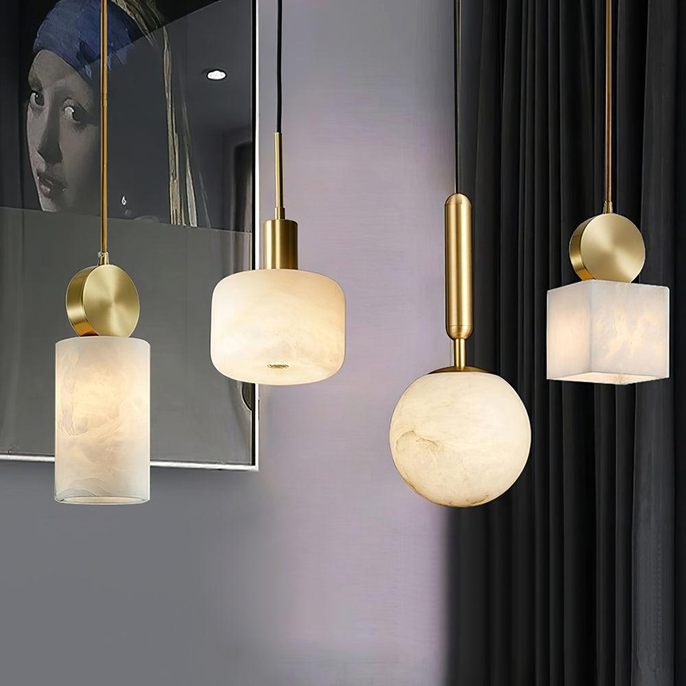 Modern Etruscan Alabaster Pendant Light Luxury Brass Hanging Lamp for Living Room Dining Area