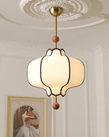 Modern Fabric Lantern Houselight Pendant Lamp with Walnut Wood Trim and White Shade
